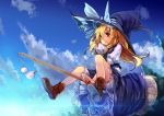  blonde_hair bloomers boots braid broom broom_riding dress flying hat kirisame_marisa red_eyes sky solo touhou tree ukyo_rst witch witch_hat 