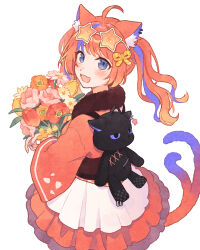  1girl ahoge animal_bag animal_ear_fluff animal_ear_piercing animal_ears apron backpack bag blue_eyes blue_hair blue_nails blush bouquet braid cat_bag cat_ears cat_girl cat_tail checkered_clothes cowboy_shot eyewear_on_head flower frilled_skirt frills from_behind fur_collar gradient_hair gradient_tail hair_ornament highres holding holding_flower japanese_clothes kimono kimono_skirt layered_skirt long_hair long_sleeves looking_at_viewer looking_back multicolored_hair multiple_tails nahara_saki nail_polish nekomata nekoyashiki_miku nijisanji obi open_mouth orange-tinted_eyewear orange_hair red_hair red_kimono rope sash shimenawa simple_background skirt smile solo standing star-shaped_eyewear star_(symbol) streaked_hair sunglasses tail tinted_eyewear twintails twintails_with_braided_base two_tails virtual_youtuber waist_apron white_apron white_background wide_sleeves 