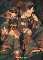  1boy 1girl animal_ears animal_hat beanie belt belt_buckle black-framed_eyewear black_belt black_hair black_sandals black_tank_top brown-tinted_eyewear brown_eyes brown_skirt buckle closed_mouth commentary_request crescent detached_pants eyewear_on_head fake_animal_ears glasses grey_hair grey_hat grey_jacket grey_pants hat highres jacket jewelry long_sleeves multicolored_hair open_clothes open_jacket original pants puffy_long_sleeves puffy_sleeves ring sandals sitting skirt sleeves_past_wrists streaked_hair tank_top tinted_eyewear twitter_username usagino_suzu zouri 