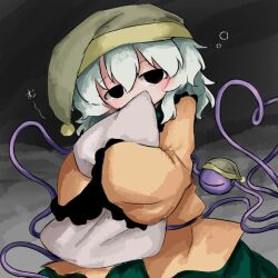  1girl bed_sheet black_eyes eyeball frilled_shirt_collar frilled_sleeves frills green_hair green_skirt hat heart heart_of_string heripantomorrow hugging_object komeiji_koishi nightcap pillow pillow_hug shirt skirt sleeves_past_fingers sleeves_past_wrists solo squeans third_eye touhou wide_sleeves yellow_shirt 
