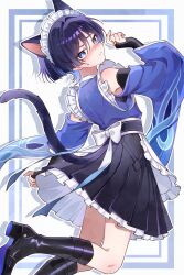  1boy animal_ears apron arched_back arm_at_side black_boots black_bridal_gauntlets black_hair black_skirt blue_eyes blue_sleeves blunt_ends blush boots border bridal_gauntlets bright_pupils cat_boy cat_ears cat_tail closed_mouth clothing_cutout crossdressing crossdressing_(mtf) drop_shadow eyeliner eyeshadow frilled_apron frills from_behind genshin_impact gold_ring grey_border hair_intakes hand_up highres hip_vent knee_boots kuro774_n layered_skirt layered_sleeves long_sleeves looking_at_viewer maid maid_headdress makeup male_focus middle_ring multicolored_hair pleated_skirt purple_hair red_eyeliner red_eyeshadow scaramouche_(genshin_impact) shoulder_cutout skirt solo streaked_hair sweatdrop tail tsurime waist_apron wanderer_(genshin_impact) white_apron white_background white_pupils white_skirt white_sleeves wide_sleeves wispy_bangs 