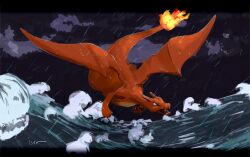  animal_focus black_border border charizard claws dragon fangs fire flame-tipped_tail flying full_body grey_sky isutai looking_at_viewer no_humans ocean open_mouth outdoors pokemon pokemon_(creature) rain simple_background sky solo tail waves wings 