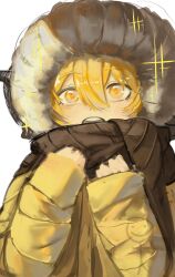  1girl apapyart blonde_hair brown_scarf don_quixote_(project_moon) fur_hood hair_between_eyes hands_up heishou_pack-wei_branch_(identity)_(project_moon) highres hood hood_up horns jacket limbus_company long_sleeves open_mouth project_moon scarf sheep_horns simple_background sleeves_past_wrists solo sparkle upper_body white_background yellow_eyes yellow_jacket 