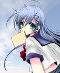  ahoge bad_id blue_hair colored copyright_request hareyoru_nano highres long_hair looking_at_viewer looking_back mouth_hold school_uniform serafuku sky solo toast toast_in_mouth 