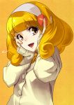  blonde_hair cardigan hands_on_own_cheeks hands_on_own_face kise_yayoi precure school_uniform shimotsuki_eight smile_precure! solo yellow_background yellow_eyes 