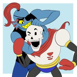  1:1 1boy 1girl 2d anthro armor artist_name black_eyepatch black_tank_top blue_background blue_pants blue_shorts blue_skin border charlotte_wismer colored_sclera colored_skin commission cowboy_shot digital_media duo ear_fins eyepatch female fins fish fish_girl flat_color gloves head_fins high_ponytail highres humanoid long_hair male monster monster_boy monster_girl noogie one_eye_closed open_mouth outside_border pants papyrus_(undertale) ponytail red_gloves red_hair red_scarf scarf sharp_teeth shorts simple_background skeleton slit_pupils tank_top teeth two-tone_background undead undertale undyne utdr_(toby_fox) white_armor white_background white_border yellow_sclera yellow_teeth 