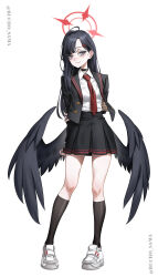  1girl absurdres alternate_costume arms_behind_back artist_name bilingual_commentary black_hair black_skirt black_socks black_wings blue_archive blue_eyes bucho_sama buttons choker commentary english_commentary feathered_wings hair_ornament halo heart heart-shaped_pupils highres holding_own_arm ichika_(blue_archive) long_hair looking_at_viewer low_wings mixed-language_commentary necktie red_halo red_necktie school_uniform shirt shoes simple_background skirt sneakers socks symbol-shaped_pupils white_shirt white_shoes wings 