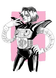  1boy 2018 2d android biting_glove black_hair boots commentary cropped_legs digital_media english_commentary gloves hair_over_one_eye hand_on_own_hip hatching_(texture) humanoid humanoid_robot ifadko male male_focus male_only mettaton mettaton_ex monochrome pauldrons pink_background robot robot_boy short_hair simple_background solo two-tone_background undertale utdr_(toby_fox) white_background 
