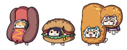  4girls absurdres animal_ears asymmetrical_horns black_hair blonde_hair blue_hair burger_costume chibi chibi_only closed_mouth dog_ears dog_tail fuwawa_abyssgard grey_hair hashtag-only_commentary highres hololive hololive_english horn_ornament horns hot_dog_costume jacket jitome keenbiscuit mococo_abyssgard mococo_abyssgard_(1st_costume) multicolored_hair multiple_girls nerissa_ravencroft pink_hair shiori_novella simple_background split-color_hair tail tater_tots two-tone_hair virtual_youtuber white_background yellow_eyes 