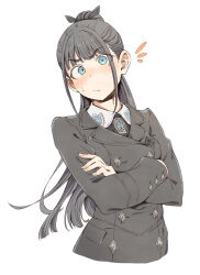  1girl amaya_tsubame black_coat black_hair blue_eyes blunt_bangs blush breasts buttons closed_mouth coat commentary cropped_torso crossed_arms eitopondo frown gakuen_idolmaster hatsuboshi_gakuen_school_uniform highres idolmaster long_hair long_sleeves looking_at_viewer mole mole_under_eye notice_lines ponytail school_uniform sidelocks simple_background small_sweatdrop solo v-shaped_eyebrows very_long_hair white_background 