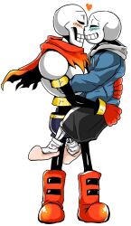 2017 2boys 2d armor black_shorts blue_blush blue_jacket blue_shorts blush boots brothers cape carrying carrying_person closed_eyes colored_blush digital_media double_vertical_stripe drawstring edit from_side full_body gloves grey_hood height_difference hollow_eyes hood hood_down hooded_jacket hug hug_carry humanoid jacket male male_focus mmmemmo monster_boy multiple_boys open_clothes open_jacket orange_blush papyrus_(undertale) pink_slippers red_boots red_cape red_gloves sans_(undertale) shirt shorts siblings simple_background skeleton slippers standing striped_shorts third-party_edit third-party_source undead undertale utdr_(toby_fox) vertical-striped_clothes vertical-striped_shorts white_armor white_background white_shirt white_stripes zipper