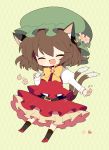  :d ^_^ animal_ears bad_id belt bowtie brown_hair cat_ears cat_tail chen closed_eyes eyes_closed fang flower haru_(kyou) hat heart jewelry open_mouth short_hair single_earring skirt skirt_set smile solo tail touhou 