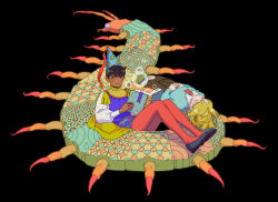  2boys absurdres ascot blonde_hair blush book brown_shorts bubble bug centipede closed_eyes dark-skinned_male dark_skin fantasy green_shirt hat highres lying magic male_focus multiple_boys open_book original pantyhose reading red_ascot red_pantyhose sarakipin shirt shorts sitting sleeping wizard wizard_hat 