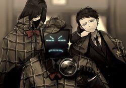  1girl 2boys bada_(project_moon) black_gloves black_hair black_necktie bow bowtie brown_capelet brown_hat capelet closed_mouth collared_shirt deerstalker expressionless gloves hat highres holding holding_magnifying_glass library_of_ruina long_hair looking_to_the_side magnifying_glass martina_(project_moon) monitor multiple_boys necktie nemo_(project_moon) object_head project_moon rainbowmisosoup red_bow red_bowtie shirt very_long_hair white_shirt 