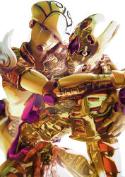  2others 3d absurdres arrow_print commentary_request compound_eyes gold_experience gold_experience_requiem gold_skin hand_around_neck highres hug jojo_no_kimyou_na_bouken jojo_pose looking_at_viewer multiple_others other_focus red_eyes stand_(jojo) uu0000322 vento_aureo violet_eyes white_background wing_ornament 