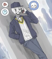  1boy 2016 2d alternate_costume anger_vein artist_name baseball_cap black_hat black_jacket brothers cellphone clock digital_media dutch_angle grey_pants hand_in_pocket hat holding holding_cellphone holding_phone humanoid male male_focus male_only monster monster_boy open_clothes open_jacket pants papyrus_(undertale) powaro02 sans_(undertale) siblings simple_background skeleton smartphone solo spoken_anger_vein spoken_character spoken_clock spoken_object teeth undead undertale utdr_(toby_fox) white_background zipper 