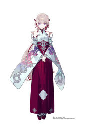  1girl atelier_(series) atelier_resleriana bare_shoulders chitose_(atelier) closed_mouth copyright_notice detached_sleeves full_body grey_hair hakama hakama_skirt highres japanese_clothes kimono long_hair long_skirt long_sleeves looking_at_viewer miko noco_(adamas) official_art own_hands_together red_hakama sandals simple_background skirt smile solo standing symbol-shaped_pupils tachi-e violet_eyes white_background white_kimono wide_sleeves 