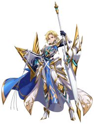  1girl absurdres armor armored_boots belt blonde_hair blue_cape boots breastplate cape caroline_(langrisser) closed_mouth faulds full_body game_cg glowing glowing_armor glowing_weapon gold_trim hair_between_eyes high_heel_boots high_heels highres holding holding_polearm holding_shield holding_weapon huge_weapon knight lance langrisser langrisser_mobile long_bangs long_sleeves looking_at_viewer multiple_belts official_art pants parted_bangs pauldrons pelvic_curtain polearm second-party_source serious shield short_hair shoulder_armor simple_background solo standing tachi-e tassel transparent_background vambraces waist_cape weapon white_armor white_boots white_cape white_pants yellow_eyes 