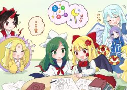 6+girls absurdres aged_down angel angel_wings bat_wings black_hair blonde_hair blue_sailor_collar bow closed_eyes drawing_(object) dress elis_(touhou) facial_mark feathered_wings flower frills genderswap genderswap_(otf) green_eyes green_hair hair_bow hair_flower hair_ornament hat highly_responsive_to_prayers highres horns image_in_speech_bubble japanese_clothes kikuri_(touhou) konngara_(touhou) long_hair long_sleeves matenshi_(touhou) matsuri_(komatumarina) mima_(touhou) multiple_girls multiple_wings neckerchief open_mouth orrery pointy_ears purple_hair red_bow red_eyes red_horns red_neckerchief red_skirt sailor_collar sariel_(touhou) school_uniform serafuku seraph shirt single_horn skirt smile staff star_(symbol) torn_clothes touhou touhou_(pc-98) vest violet_eyes white_shirt white_wings wide_sleeves wings yuugenmagan