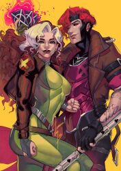  1boy 1girl arm_tattoo armor belt black_gloves black_sclera bodysuit breasts bridal_gauntlets brown_belt brown_hair brown_jacket card colored_sclera commentary couple cowboy_shot curly_hair earrings english_commentary gambit gloves green_bodysuit green_bridal_gauntlets green_eyes hetero highres holding holding_card holding_staff holding_weapon hoop_earrings jacket jewelry linea_alba long_hair looking_at_viewer marvel marvel_rivals medium_breasts multicolored_bodysuit multicolored_hair pink_armor playing_card red_eyes red_hair red_lips rogue_(x-men) short_hair signature silver_earrings smile staff studded_choker superhero_costume tattoo two-tone_bodysuit vontvirus weapon white_hair x-men yellow_background yellow_bodysuit 