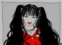  1girl blackpink blunt_bangs chain earrings eyelashes eyeliner highres hoop_earrings jewelry korean_commentary lisa_(blackpink) looking_at_viewer makeup mascara mole parted_lips poyo01158711 red_lips smile solo spot_color twintails upper_body zipper 