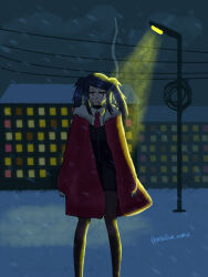  1girl absurdres black_hair cigarette coat highres jill_stingray long_hair necktie pantyhose red_coat red_eyes red_necktie smoke snow unkn0wn_mama va-11_hall-a winter 