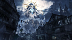  1girl absurdres armlet benghuai_xueyuan bracelet building chinese_commentary city cityscape clouds cloudy_sky commentary_request extra_arms giant giantess halo highres honkai_(series) jewelry lifeline_(a384079959) official_art outdoors scenery sky solo will_of_the_abyss_(benghuai_xueyuan) 