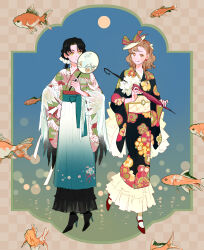 2girls :p absurdres black_hair black_kimono black_shoes bow brown_eyes brown_hair feathers fish floral_print floral_print_kimono frills goldfish green_kimono hand_fan headpiece high_heels highres holding japanese_clothes kimono lingcod_dayu multiple_girls obi original paper_fan print_kimono sash shoes socks tongue tongue_out umbrella white_socks wide_sleeves yellow_eyes 