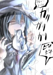  1girl black_capelet black_hair black_hat black_skirt bow capelet closed_eyes commentary crying fish fish_in_mouth hair_between_eyes hat hat_bow long_sleeves muraryo necktie puffer_fish scared shirt short_hair skirt sleeve_cuffs solo tears touhou translation_request usami_renko white_shirt 