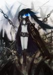  arm_cannon belt bikini_top black_hair black_rock_shooter black_rock_shooter_(character) blue_eyes boots buckle chain chains glowing glowing_eyes highres hoodie long_hair navel open_clothes pale_skin rainli scar shorts star twintails weapon zipper 