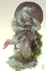  1boy christian_angel facial_mark fingernails forehead_mark grey_background highres holding holding_sword holding_weapon inuyasha long_fingernails long_hair multiple_swords pointy_ears sesshoumaru solo sword weapon white_hair yellow_eyes 