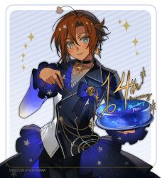  1other anniversary antennae artist_name black_choker blue_skirt brown_hair cake choker cioccolatodorima copyright_name cowboy_shot dark_skin earrings earth_(planetary_moe) food grey_eyes highres holding holding_cake holding_food holding_wand jacket jewelry multicolored_jacket other_focus pants planetary_moe skirt smile solo striped_clothes striped_pants two-tone_jacket wand 