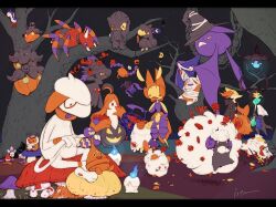  3others :o alolan_marowak alternate_color alternate_shiny_pokemon animal_ears antennae ariados arthropod_limbs banette basket bat_(animal) black_border black_hat blue_fire bonsly border bug candy colored_skin crobat curled_horns delphox everyone fire food foongus fox_ears full_body furry gourgeist grey_background hat holding holding_basket hoppip horns isutai kricketot lampent leavanny limited_palette litwick looking_at_another looking_at_viewer mismagius morelull multiple_others murkrow mushroom noibat orange_eyes orange_fur outdoors pachirisu pokemon pokemon_(creature) pumpkaboo purple_horns shroomish simple_background smeargle spider spinda standing swirlix whimsicott white_fur witch_hat yellow_skin 