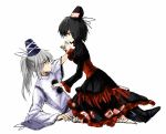  alternate_color black_hair dress eye_contact grey_eyes hat hug_(artist) japanese_clothes kariginu long_hair looking_at_another lying mononobe_no_futo multiple_girls ponytail profile red_eyes short_hair silver_hair simple_background soga_no_tojiko tate_eboshi touhou 