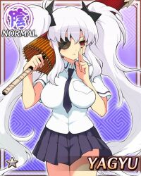  1girl between_breasts blue_necktie blue_skirt breasts eyepatch game_cg hanzou_academy_school_uniform holding holding_umbrella kuji-in large_breasts light_frown long_hair looking_at_viewer necktie necktie_between_breasts non-web_source official_alternate_costume official_art oil-paper_umbrella red_eyes school_uniform senran_kagura senran_kagura_new_wave shirt shuriken shuriken_hair_ornament sidelocks skirt solo twintails umbrella very_long_hair wavy_hair weapon white_hair white_shirt yagyu_(senran_kagura) 