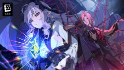  1boy 1girl absurdres black_gloves black_nails black_pants blonde_hair breasts crying crying_with_eyes_open gloves highres holding holding_umbrella hugo_vlad looking_at_viewer looking_down medium_breasts mole mole_under_eye multicolored_eyes nail_polish necktie official_art open_mouth pants protected_link purple_hair purple_necktie purple_shirt red_eyes sad second-party_source shirt streaming_tears tears umbrella vivian_banshee yellow_eyes zenless_zone_zero 