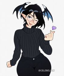  1girl alternate_costume alternate_hairstyle artist_name bat_wings black_eyes black_hair black_pants black_sweater blush capcom celebelian cowboy_shot darkstalkers demon_girl earrings fang finger_heart glasses head_wings heart jewelry lilith_(darkstalkers) one_eye_closed open_mouth pants pointy_ears round_eyewear solo sweater thick_thighs thighs turtleneck turtleneck_sweater wings 