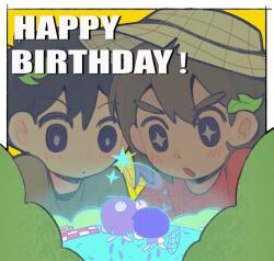  4boys :o absurdres aged_down antenna_hair basket black_eyes black_hair border bright_pupils brown_hair bubble bush butterfly_net chinese_commentary closed_mouth commentary_request dark-skinned_male dark_skin double-parted_bangs dual_persona film_grain footprints grass grey_pupils grey_shirt hair_behind_ear hair_between_eyes hand_net happy hat highres holding holding_butterfly_net kel_(faraway)_(omori) kel_(headspace)_(omori) kel_(omori) leaf looking_at_another male_focus multiple_boys official_alternate_costume olta omori omori_(omori) on_grass open_mouth outside_border picnic_basket picnic_blanket portrait purple_hair red_shirt shirt short_hair star_(symbol) sunny_(omori) v-shaped_eyebrows very_short_hair white_border yellow_background yellow_hat 