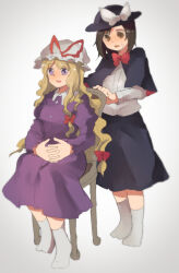  2girls black_skirt blonde_hair bow bowtie brown_eyes brown_hair capelet dr.latency&#039;s_freak_report dress fedora full_body hat highres long_hair maribel_hearn mob_cap multiple_girls purple_dress red_bow shirt short_hair shukinuko skirt socks touhou usami_renko very_long_hair violet_eyes white_shirt worried 