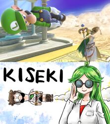  1boy 1girl brown_hair coke-bottle_glasses cosplay facial_hair game_screenshot_inset glasses green_hair highres kicdon kid_icarus kid_icarus_uprising luigi luigi's_mansion mustache palutena pit_(kid_icarus) pit_(kid_icarus)_(cosplay) professor_elvin_gadd professor_elvin_gadd_(cosplay) super_mario_bros. super_smash_bros. 