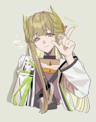  1girl arknights black_choker blonde_hair blunt_bangs character_name choker closed_mouth commentary_request cropped_torso elf hand_up highres index_finger_raised long_hair long_sleeves looking_at_viewer matsuba_(mtbsbr721) mole mole_under_eye muelsyse_(arknights) pendant_choker pointy_ears simple_background smile solo upper_body yellow_eyes 
