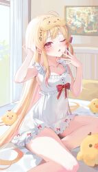  1girl ;o absurdres ahoge blonde_hair commentary_request day dress flat_chest frilled_dress frills hair_ornament hair_ribbon hairclip hands_up highres hololive hololive_dev_is indoors long_hair looking_at_viewer mask mask_on_head musical_note musical_note_hair_ornament on_bed one_eye_closed one_side_up open_mouth otonose_kanade red_eyes red_ribbon ri_yonn ribbon short_dress sidelocks sleep_mask solo stuffed_animal stuffed_toy very_long_hair virtual_youtuber white_dress 