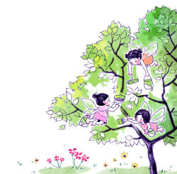  3girls archived_source black_hair blush bucket dress fairy_wings flower full_body grass hair_bun half_updo holding holding_bucket holding_paint_roller holding_paintbrush jung_han-na leaf lowres multiple_girls negative_space orange_dress original paint_can paint_roller paintbrush pink_dress red_flower short_dress short_twintails simple_background swept_bangs tree twintails white_background wings yellow_flower 