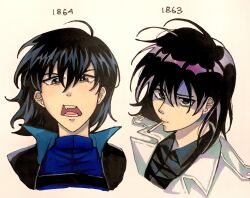  2girls aegyo_sal areuwuu black_coat black_eyes black_hair black_shirt bob_cut coat collared_shirt dual_persona han_sooyoung head_tilt highres lollipop_in_mouth looking_at_viewer mole mole_under_eye multiple_girls omniscient_reader&#039;s_viewpoint open_clothes open_coat open_mouth portrait shirt short_hair white_coat 