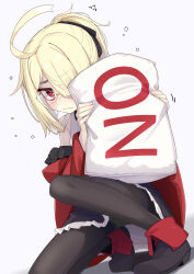  1girl ahoge airi_(ogami_kazuki) black_bow black_pantyhose black_shoes black_skirt blonde_hair blush bow bright_pupils closed_mouth commentary_request flying_sweatdrops frilled_skirt frills glasses hair_bow hair_over_one_eye highres holding holding_pillow huge_ahoge jacket long_hair long_sleeves looking_at_viewer ogami_kazuki one_eye_covered open_clothes open_jacket original pantyhose parted_bangs pillow ponytail red_eyes red_jacket shirt shoes skirt sleeveless sleeveless_shirt slit_pupils solo sweat wavy_mouth white_background white_pupils white_shirt wide_sleeves yes-no_pillow 