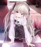  absurdres all_fours bed bed_sheet black_legwear brown_eyes checkered checkered_floor cross cross_necklace dress hair_ribbon highres kasugano_sora looking_at_viewer pantyhose ribbon smile solo stuffed_animal stuffed_bunny stuffed_toy twintails wingheart yosuga_no_sora 