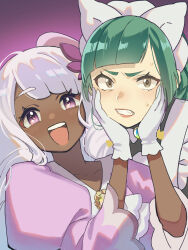  2girls absurdres apron ascot bow bowtie brooch clenched_teeth dark-skinned_female dark_skin dress ebippoid fascinator frilled_ascot frills glove_bow gloves green_hair hair_ornament hands_on_another&#039;s_cheeks hands_on_another&#039;s_face hands_up highres jacinthe_(pokemon) jewelry juliet_sleeves lebanne_(pokemon) lipstick long_hair long_sleeves looking_at_viewer low_drills maid maid_apron maid_headdress makeup multiple_girls open_mouth pokemon pokemon_legends:_z-a puffy_sleeves purple_dress purple_hair red_lips smile sweatdrop teeth upper_body upper_teeth_only v-shaped_eyebrows very_dark_skin violet_eyes white_bow white_bowtie white_gloves yellow_bow 