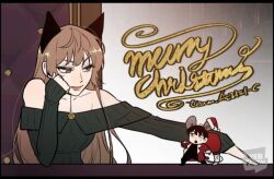  1boy 1girl :o animal_ears bag black_hair borrowed_clothes brown_hair cat_ears coat double-parted_bangs gift_bag green_sweater hat holding holding_bag jewelry kim_dokja merry_christmas mini_person miniboy mouse_ears necklace off-shoulder_sweater off_shoulder official_art omniscient_reader's_viewpoint open_clothes open_coat outstretched_arm persephone_(omniscient_reader's_viewpoint) red_coat santa_hat short_hair sitting smile sweater table throne upper_body 