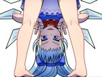  barefoot bent_over blue_eyes blue_hair bow cirno double_v from_behind hair_bow ice ice_wings iromeki_overdrive kneepits long_hair tongue touhou v wings 
