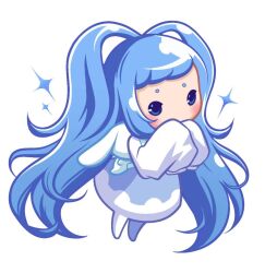  1girl bad_source blue_eyes blue_eyeshadow blue_hair blush chibi doll eyeshadow full_body liuchuan_yuwei long_hair makeup personification roco_kingdom roco_kingdom:world short_bangs short_eyebrows simple_background sleeves_past_fingers sleeves_past_wrists solo sparkle very_long_hair white_background wings xueying_wawa_(roco_kingdom:world) 